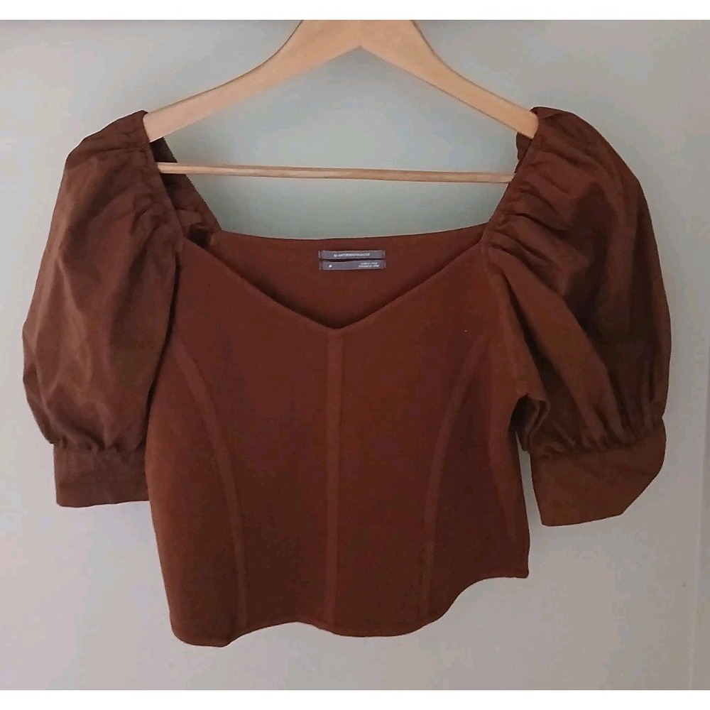 By Anthropologie Puff-Sleeve Mixed Media Blouse Size Medium Brown Cropped Corset
